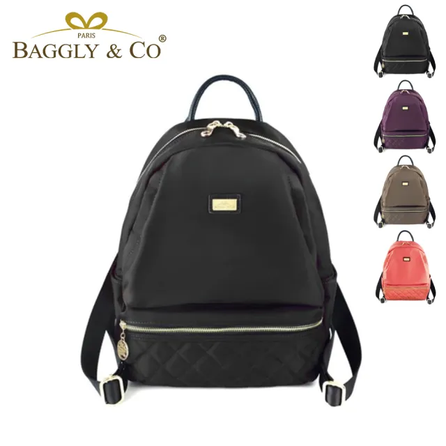 【BAGGLY&CO】多隔層菱格紋真皮尼龍防盜後背包(黑色/卡其色)