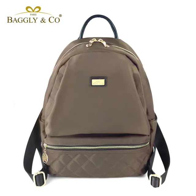 【BAGGLY&CO】多隔層菱格紋真皮尼龍防盜後背包(黑色/卡其色)