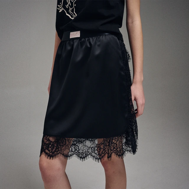 MARDI MERCREDI 蕾絲質感裙子 黑色 SATIN SKIRT LACE DETAIL