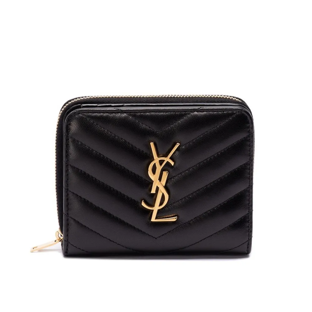 【YSL】SAINT LAURENT Cassandre 羊皮 拉鍊 釦式 短夾 卡夾 零錢包 金字 皮夾 黑色 668288