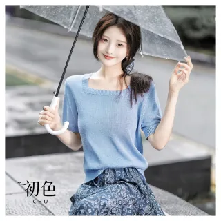 【初色】簡約風寬鬆顯瘦純色方領短袖五分袖T恤上衣女上-藍色-36164(M-XL可選)