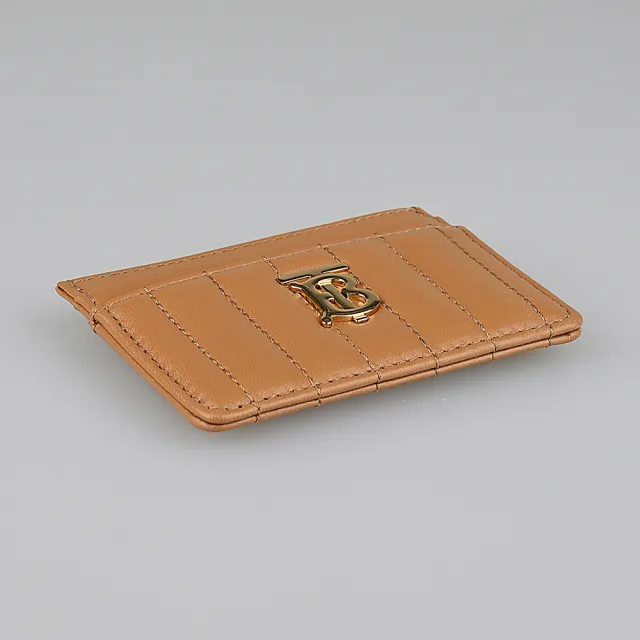 【BURBERRY 巴寶莉】BURBERRY LOLA經典TB LOGO直條紋小羊皮4卡卡夾(棕)