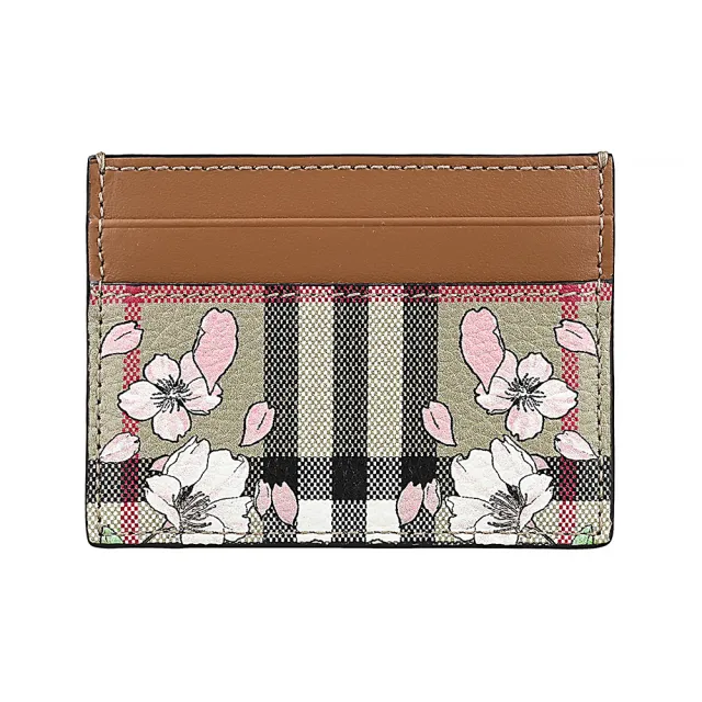 【BURBERRY 巴寶莉】BURBERRY Sandon經典LOGO櫻花圖案小牛皮4卡開放式卡夾(典藏米x棕x內裡櫻花粉)
