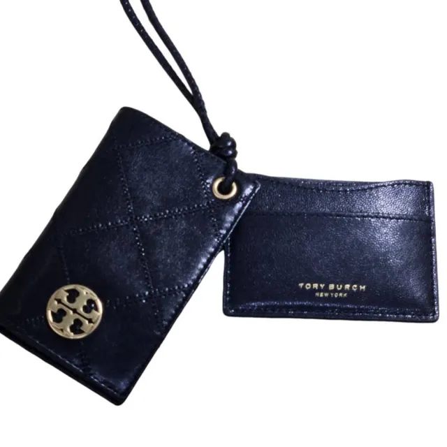 【TORY BURCH】TORY BURCH Willa 金色圓牌LOGO菱格紋掛繩卡片夾(贈原廠紙袋)