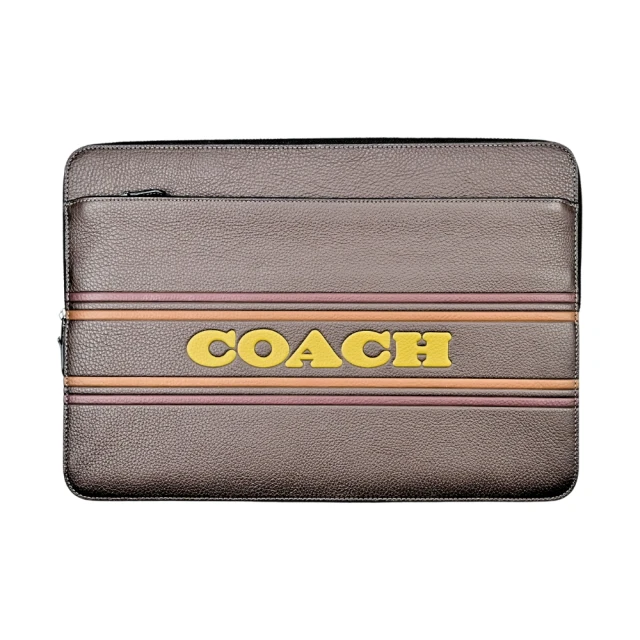 COACH 荔枝紋皮革黃色字印全皮電腦/iPad收納包(咖啡色)