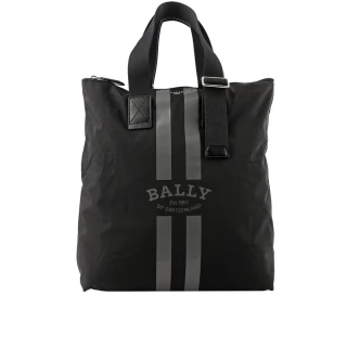 【BALLY】On The Go 條紋尼龍手提/肩背托特包_贈收納袋(黑色)