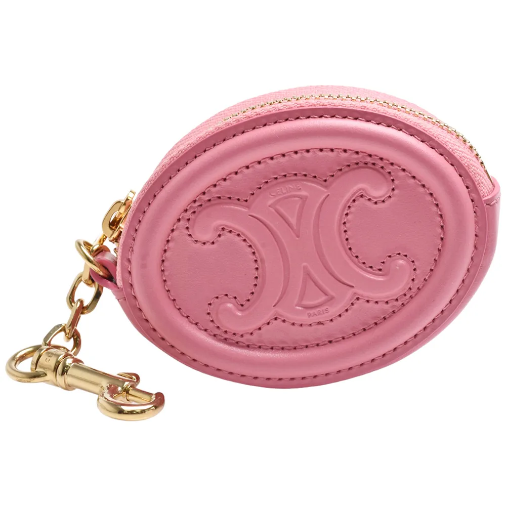 CELINE】經典CUIR TRIOMPHE品牌LOGO小牛皮橢圓零錢包(粉紅色 CELINE】經典CUIR TRIOMPHE品牌LOGO小牛皮橢圓零錢包(粉紅色