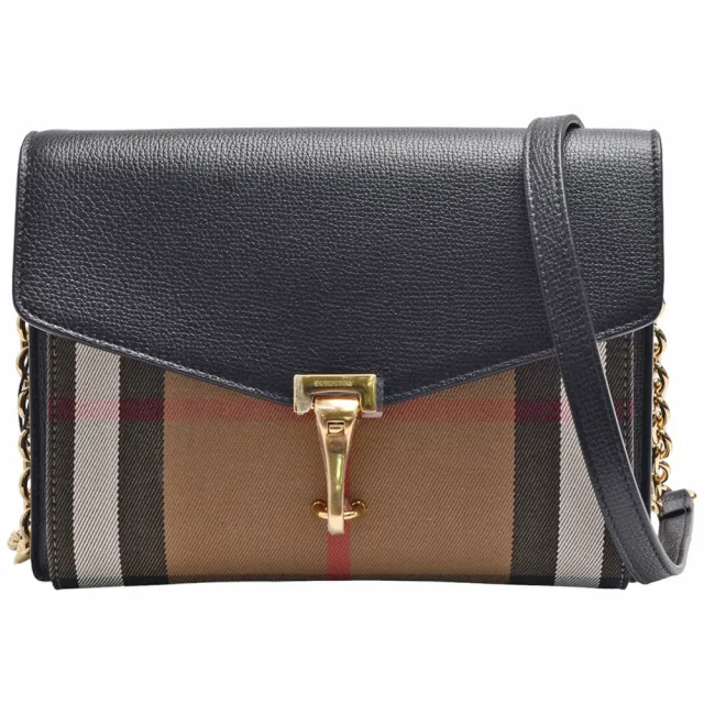 【BURBERRY 巴寶莉】經典MACKEN格紋帆布拼接皮革多夾層斜背包(黑色8080321)