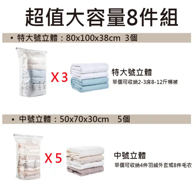 【太力】超值8入組 新一代免抽氣手壓真空收納壓縮袋 整理袋(特大x3+立體中x5  棉被換季收納)