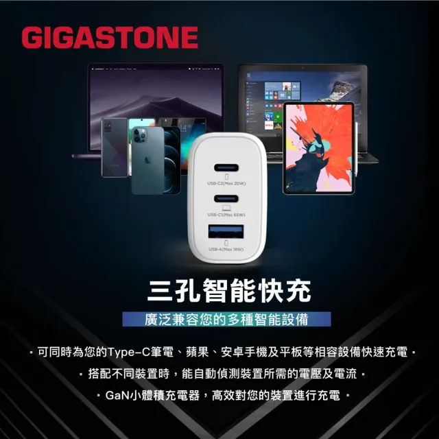 【GIGASTONE 立達】GaN 65W氮化鎵Type-C三孔快充充電器+C to C充電傳輸線(iPhone16/Macbook/Switch充電頭)