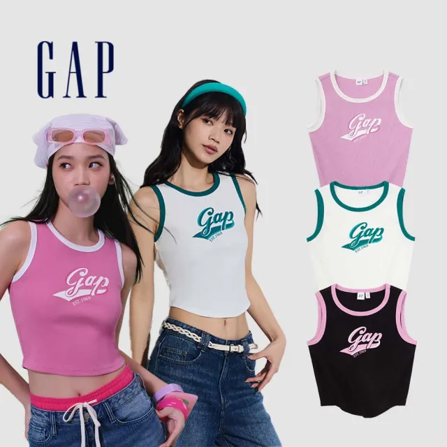 【GAP】女裝 Logo印花羅紋短版圓領背心-多色可選(873961)