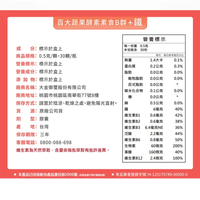 【宏醫生技】百大蔬果酵素素食B群+鐵/素食B群+鋅(30粒/盒-任選7入組)