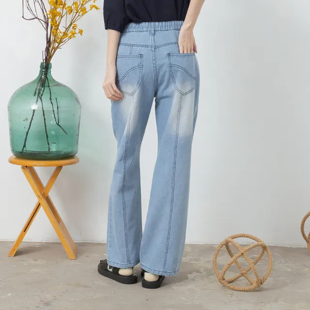 【MOSS CLUB】顯瘦剪裁水洗刷白微喇叭牛仔長寬褲(藍 深藍)