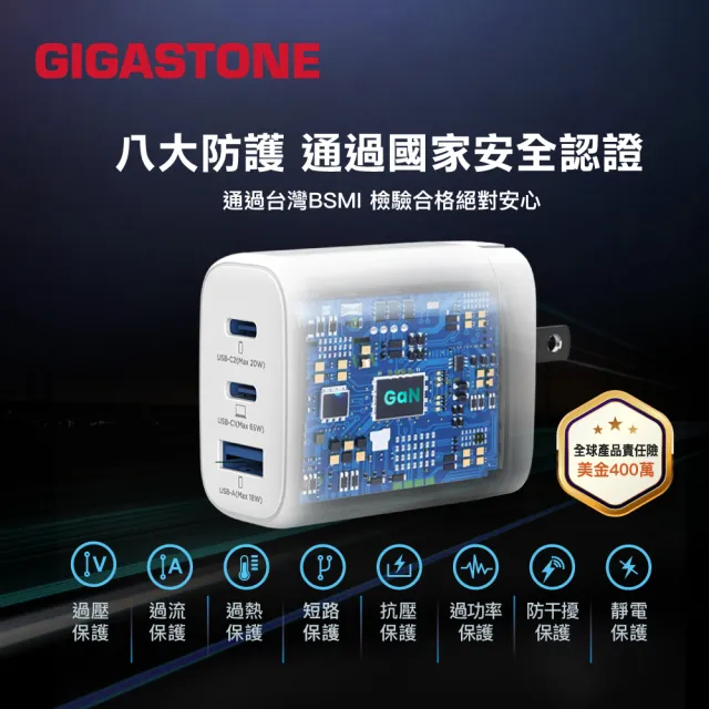 【GIGASTONE 立達】GaN 65W氮化鎵三孔充電器白+C to C+C to Lightning快充雙線組(MacBook/iPhone充電頭)