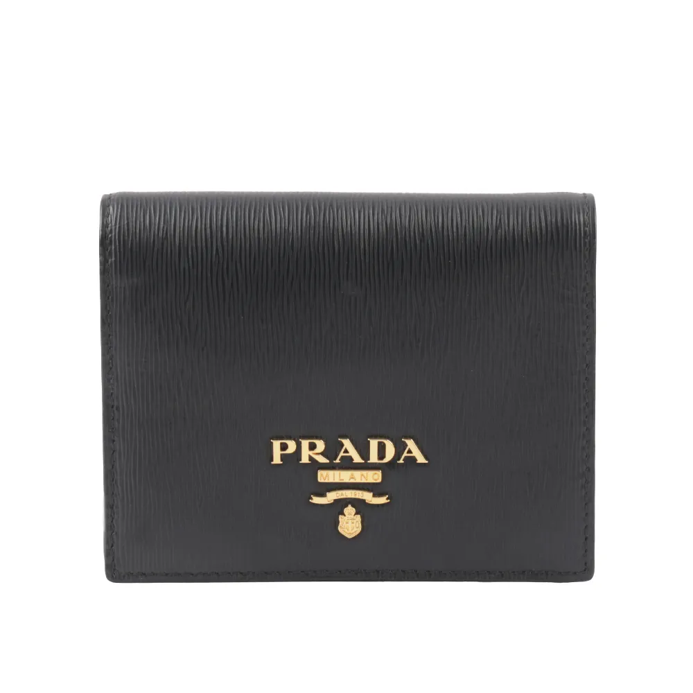 【PRADA 普拉達】浮雕Logo 水波紋皮革二折零錢袋短夾(黑色)