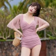 【TING BRA 婷姐內衣】女泳裝 連身款 大尺碼 透紗短袖皺褶鋼圈款裙裝兩件式連身泳衣(共2色 XL-5XL)