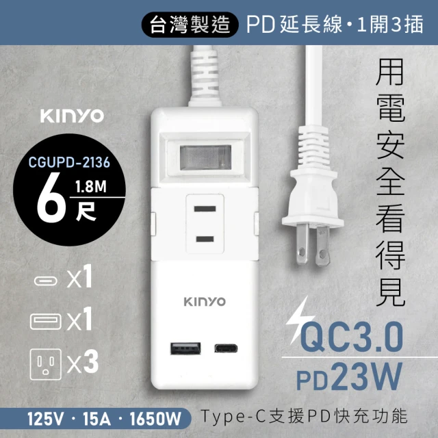 KINYO 一開三插PD+QC延長線 1.8M(CGUPD213-6)