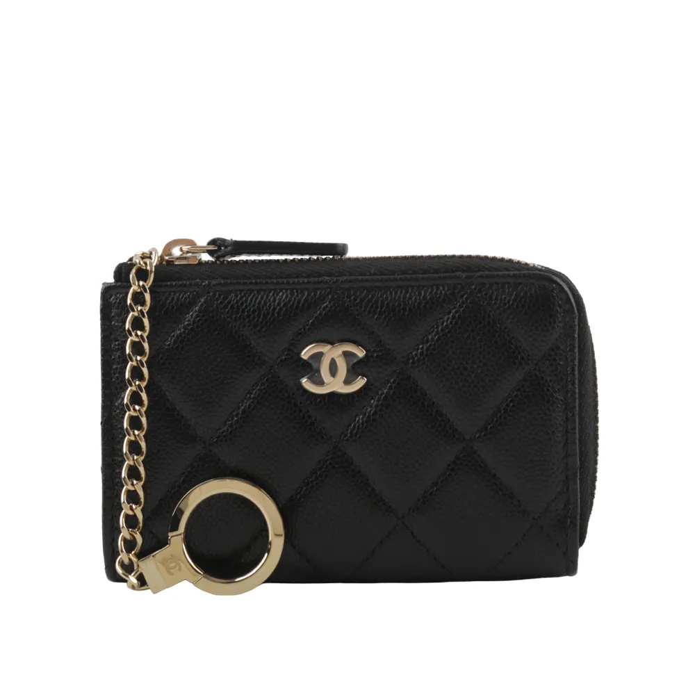 【CHANEL 香奈兒】金色CC Logo 粒紋牛皮拉鍊鑰匙包/零錢包/卡包(黑色)