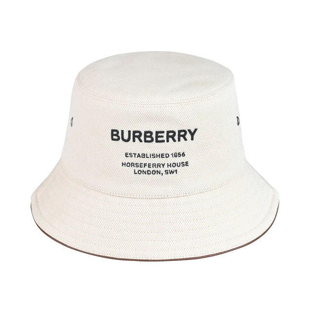 BURBERRY 巴寶莉 BURBERRY刺繡字母LOGO設計棉質結合小羊皮漁夫帽(奶糖白)