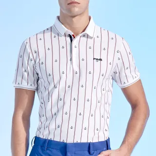 【PING】男款直條海錨吸濕排汗抗UV短袖POLO衫-白(GOLF/高爾夫球衫/PA24109-87)