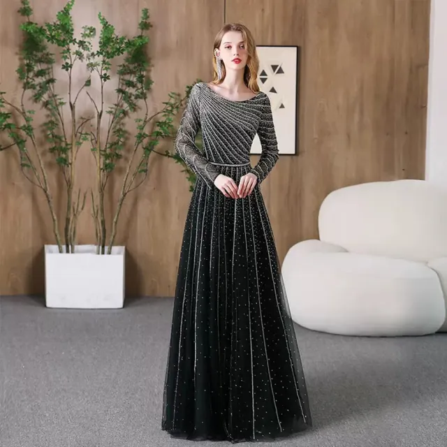 【女神婚紗禮服】輕奢流星透紗圓領長袖宴會A字裙晚禮服PLGZ-2410黑綠色(演奏宴會敬酒 拉鍊款高級晚禮服)