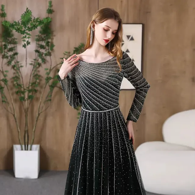 【女神婚紗禮服】輕奢流星透紗圓領長袖宴會A字裙晚禮服PLGZ-2410黑綠色(演奏宴會敬酒 拉鍊款高級晚禮服)
