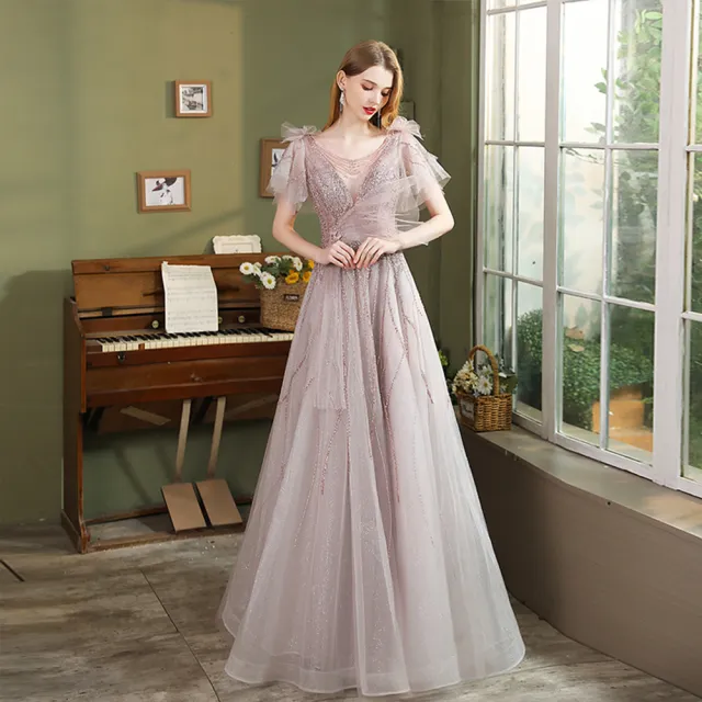 【女神婚紗禮服】輕奢氣質蝴蝶飛袖深V串珠A字裙晚禮服PLGZ-2404淺粉色(演奏宴會敬酒 綁帶款高級晚禮服)