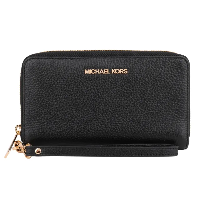【Michael Kors】金字荔枝紋皮革掛帶手機包/中夾(素面黑)