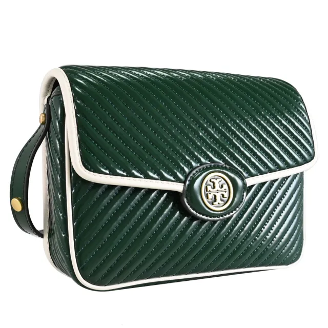 【TORY BURCH】經典雙T LOGO漆皮斜紋翻蓋肩斜學院包淑水包(松綠色)