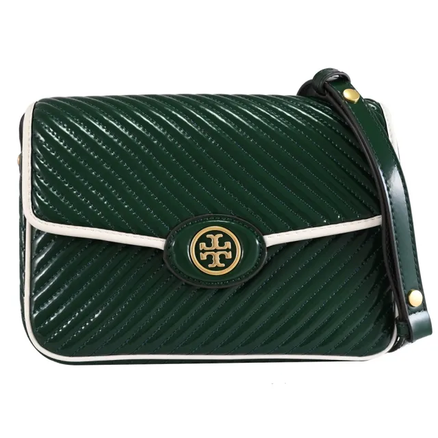 【TORY BURCH】經典雙T LOGO漆皮斜紋翻蓋肩斜學院包淑水包(松綠色)