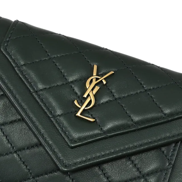 【YSL】經典字母LOGO菱格縫線小羊皮信用卡名片式扣式零錢包(深綠)