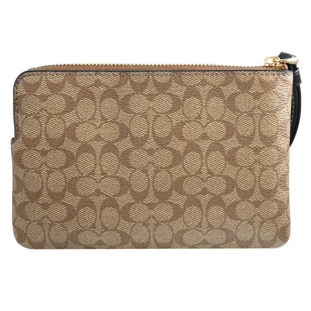 【COACH】復刻新版經典C字LOGO條紋印花手提零錢包手拿包(駝/黑)