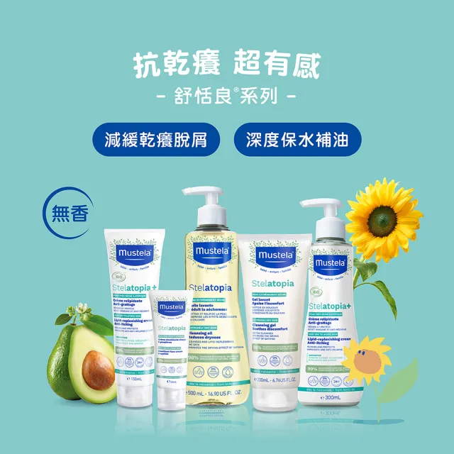 【Mustela 慕之恬廊】舒恬良 全面洗護組(雙潔露200ml+滋養益膚柔舒霜150ml有機+柔舒面霜40ml)