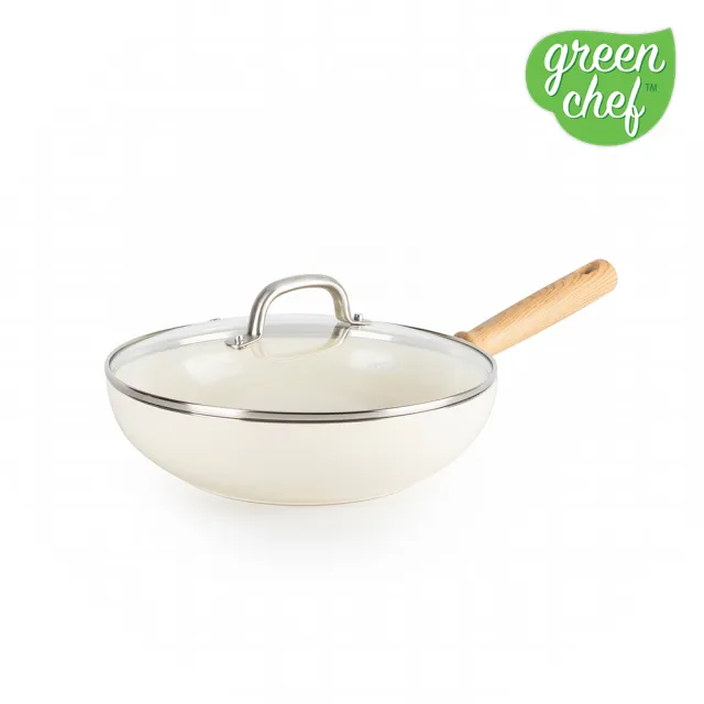 【GreenPan】GreenChef 專利鑽石不沾鍋 東京木紋 炒鍋 28cm 奶油白(含蓋)