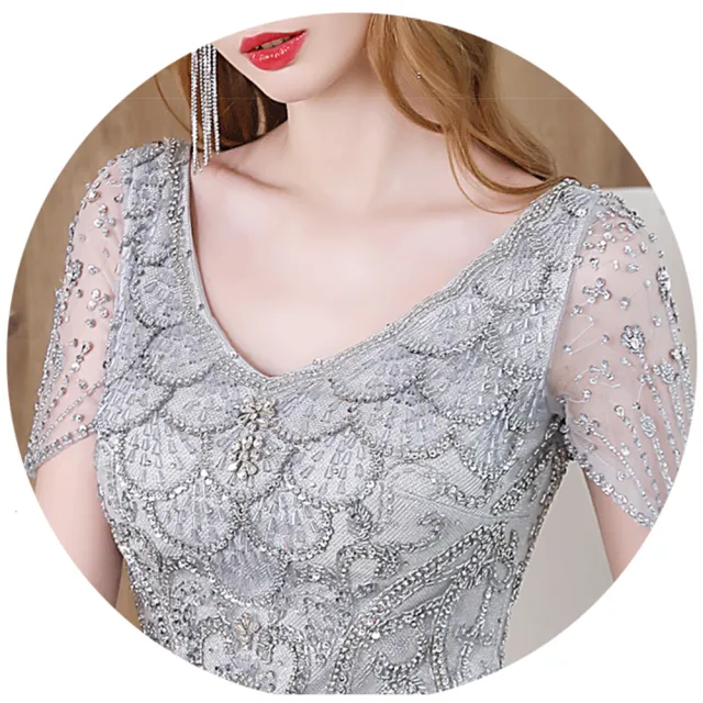 【女神婚紗禮服】優雅奢華設計串珠深V葉片短袖小魚尾晚禮服PLGZ-1322淺灰色(演奏宴會敬酒 拉鍊款晚禮服)