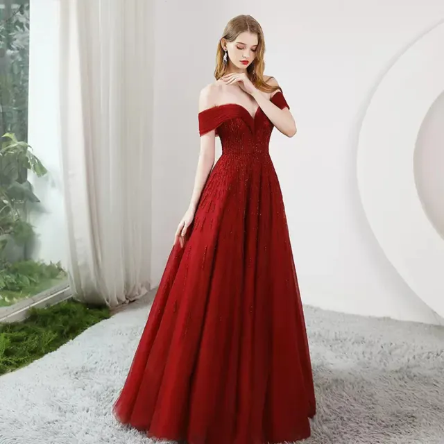 【女神婚紗禮服】亮麗優雅輕奢一字肩喜慶宴會A字裙晚禮服PLGZ-2401酒紅色(派對宴會敬酒 綁帶晚禮服)