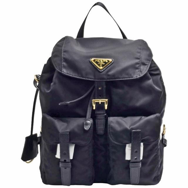【PRADA 普拉達】經典Saffiano金色三角LOGO雙口袋穿釦束口尼龍後背包(entrupy安心購)
