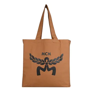 【MCM】經典燙印大LOGO帆布肩背購物包(白蘭地褐)