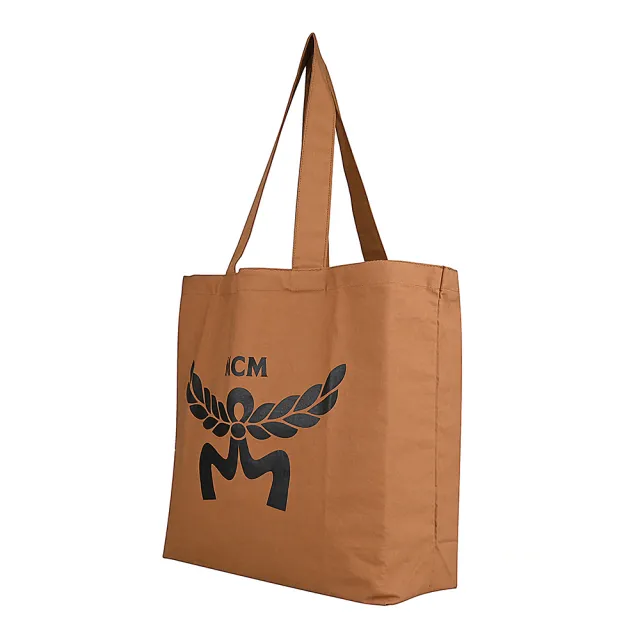 【MCM】經典燙印大LOGO帆布肩背購物包(白蘭地褐)