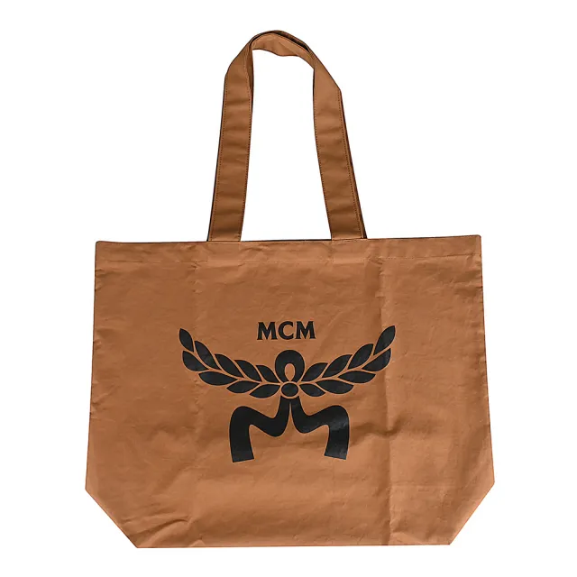 【MCM】經典燙印大LOGO帆布肩背購物包(白蘭地褐)