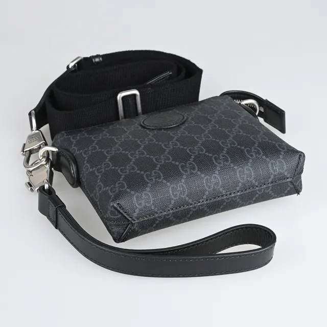 【GUCCI 古馳】INTERLOCKING經典雙G皮標LOGO印花塗層帆布手拿斜背包(迷你/黑)