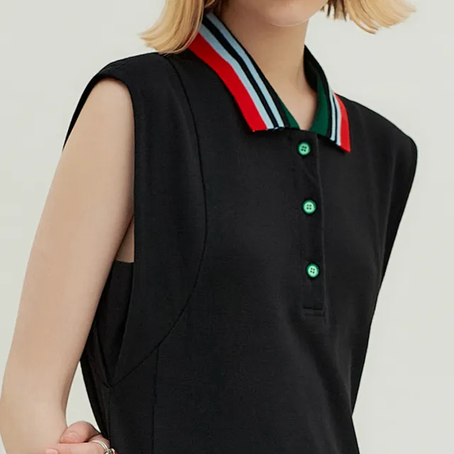 【OUWEY 歐薇】開半襟羅紋POLO領無袖洋裝(黑色；XS-M；3242397033)