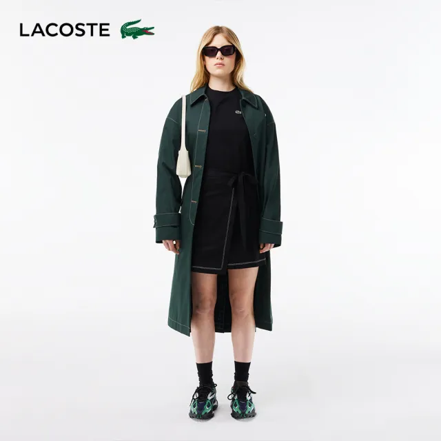 【LACOSTE】女裝-撞色車邊大輪廓平紋針織短袖洋裝(黑色)