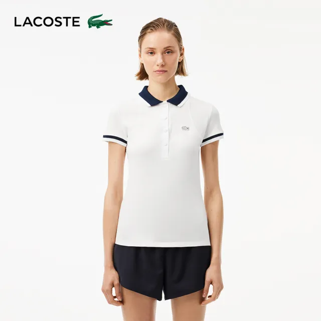 【LACOSTE】女裝-法國製造條紋網眼短袖Polo衫(白色)