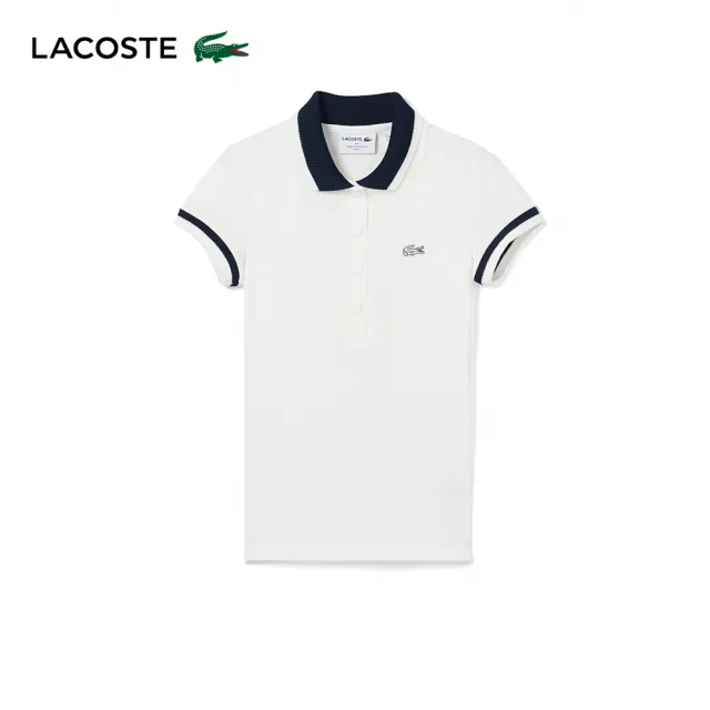 【LACOSTE】女裝-法國製造條紋網眼短袖Polo衫(白色)