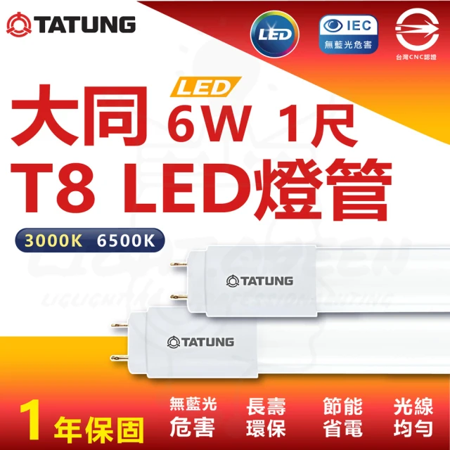 TATUNG 大同 30入 6W 1尺 T8 LED燈管 省電燈管 雙端入電(白光 6500K)