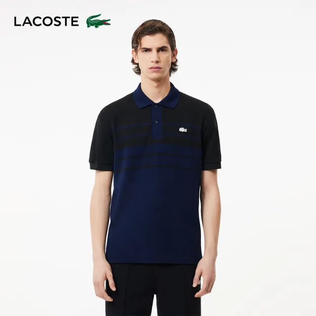 【LACOSTE】男裝-法國製造原創L.12.12條紋短袖Polo衫(海軍藍)