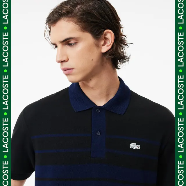 【LACOSTE】男裝-法國製造原創L.12.12條紋短袖Polo衫(海軍藍)