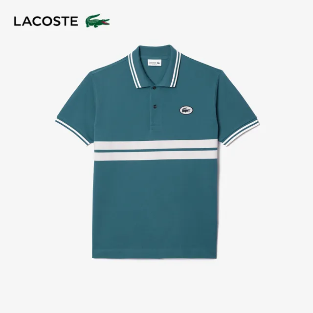 【LACOSTE】男裝-原創L.12.12徽章條紋短袖Polo衫(藍綠色)