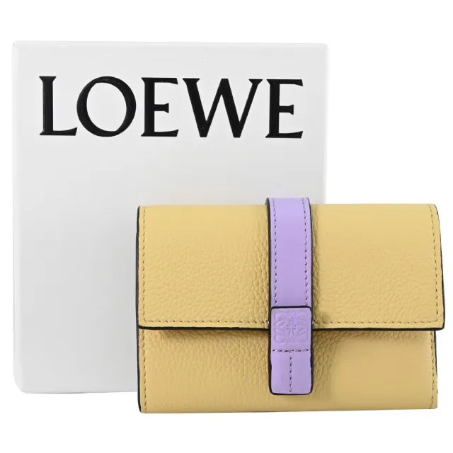 【LOEWE 羅威】經典烙印LOGO撞色小牛皮三折扣式雙面零錢短夾(奶油黃)